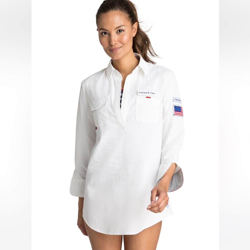 Vineyard Vines Performance Harbor Shirt Coverup with American Flag Sleeve NWT